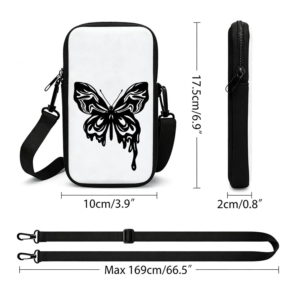 2D-Stylish Black Dripping Butterfly Crossbody Phone Bag, Adjustable Removable Strap Zipper Small Shoulder Purse for Women Daily Travel Party