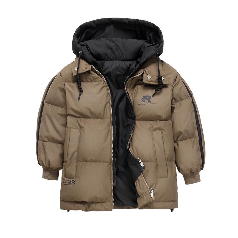 

Зимняя детская куртка-пуховик для мальчиков с надписью Letter 3-10Y, поддельная ветровка из двух частей, зимний комбинезон из бархата, теплое пальто с капюшоном для малышей 120cm кофейный