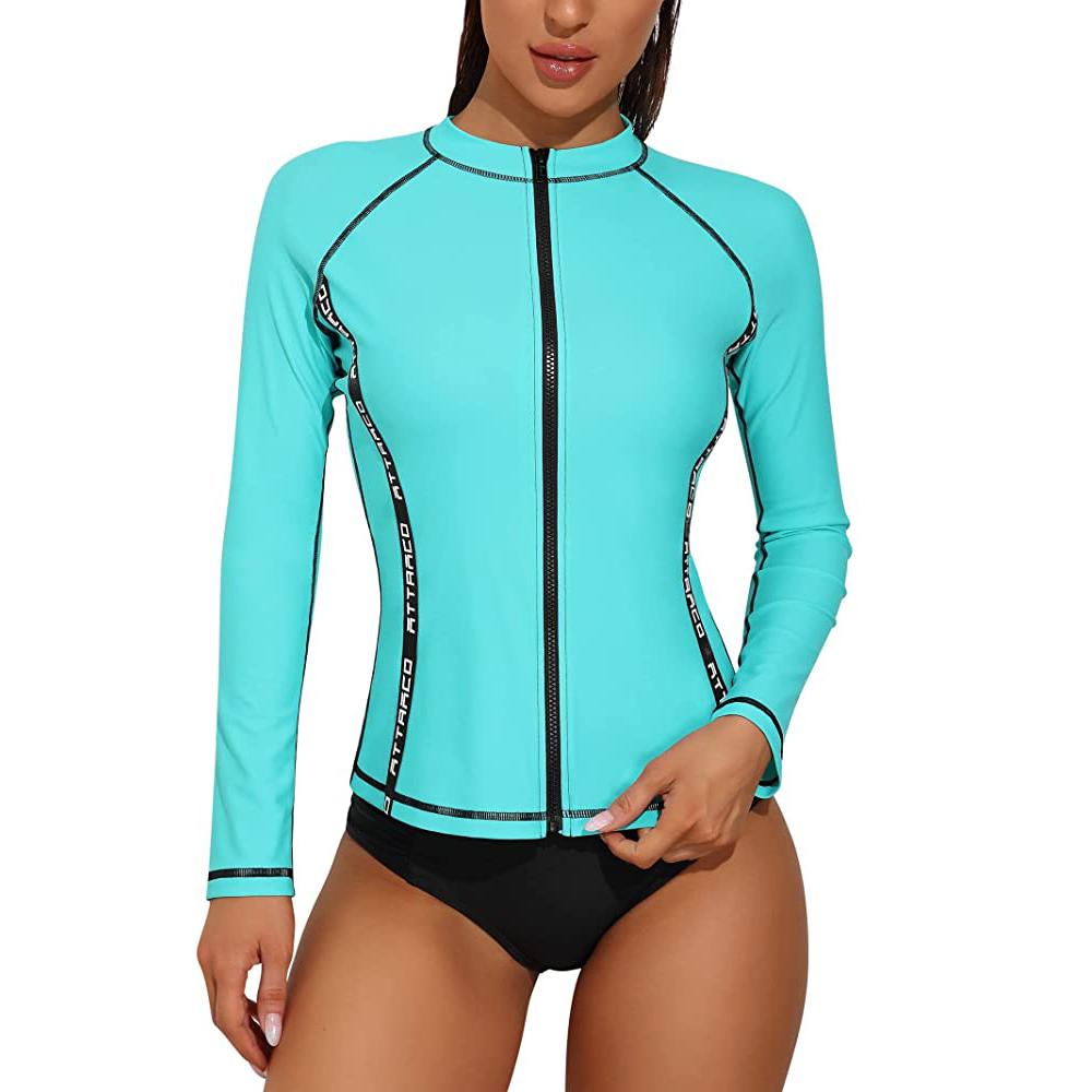 

Charmleaks Rash Guard для женщин, купальники с длинным рукавом, застежка-молния спереди, принтованная купальная рубашка, защита от ультрафиолета UPF 50 L цвет морской волны