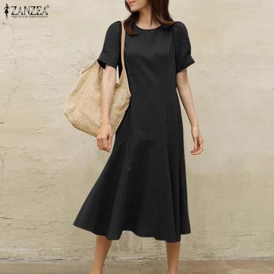 Women Casual Round Neck Solid Color Short Sleeve Dress
