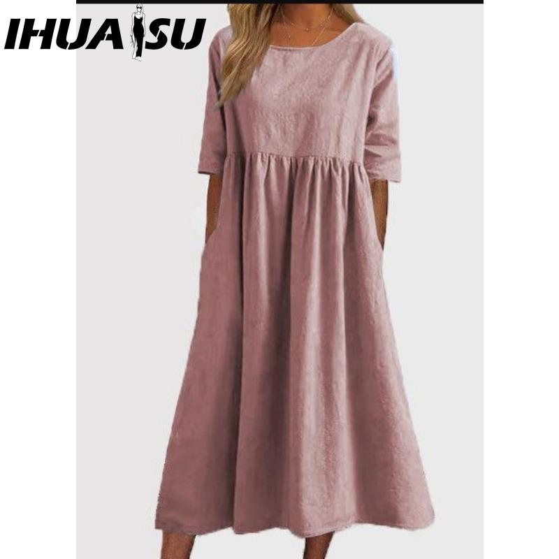 

IHUASU Женская мода Лето Весна Однотонный принт Короткий рукав Круглый вырез Высокая талия Повседневные платья XXXXXL