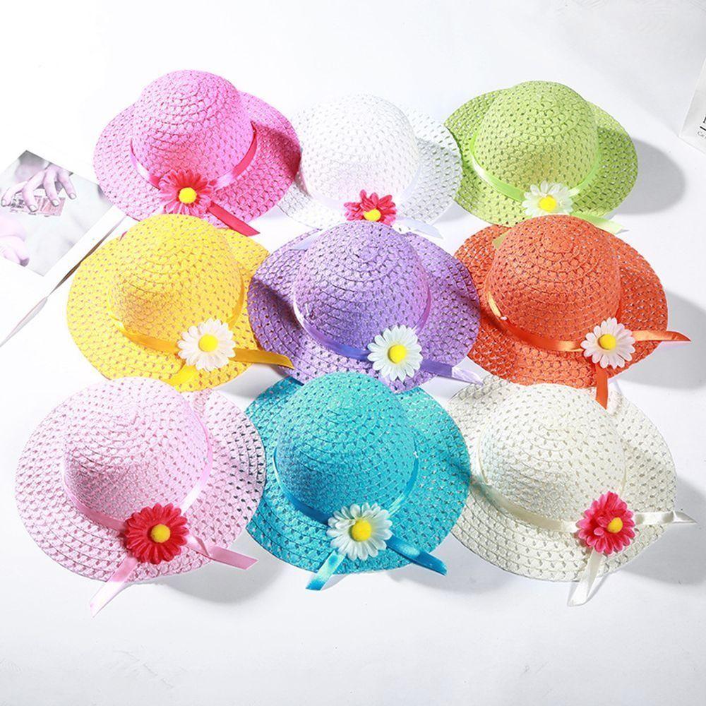 2Pcs/Set Flower Design Children Beach Hats Set Wide Brim Straw Wide Hat Sun-protective Hat  Party