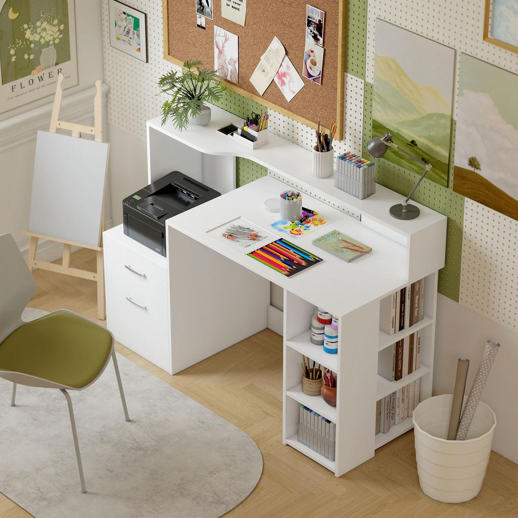 Computer desk, desk with storage, 2 drawers, open shelves and printer shelf, 137x55x92cm, white
