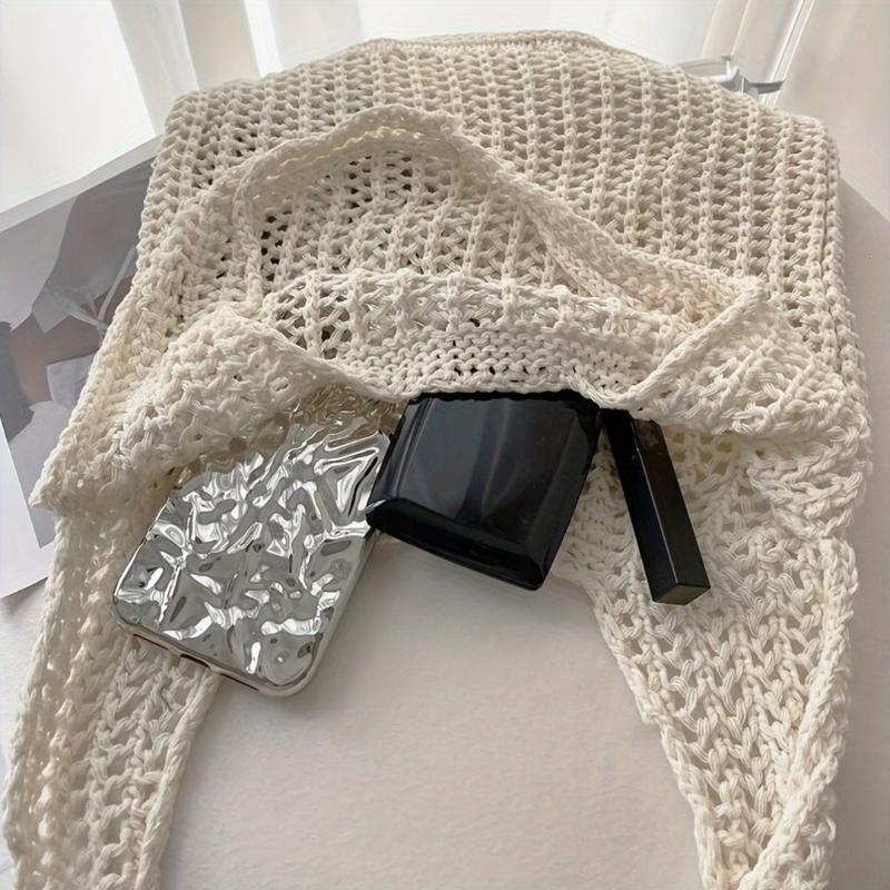 Solid Color Bohemian Knit Tote Bag Large Capacity Hollow Out Crochet for Women Birthday Holiday Gifts