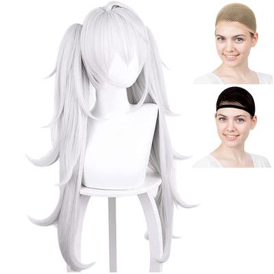 CaseEden Cosplay Wig, Long Twintails, 80cm, with Bun, Heat-Resistant, Silver Hair, Includes 2 Wig Nets