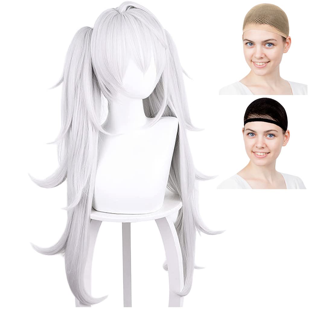 CaseEden Cosplay Long with Silver Includes 2 Wig Nets Wig, Twintails, 80cm, Bun, Heat-Resistant, Hair,