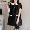 Elegant Women Lapel Neck Short Sleeve Smooth Satin A-line Dress