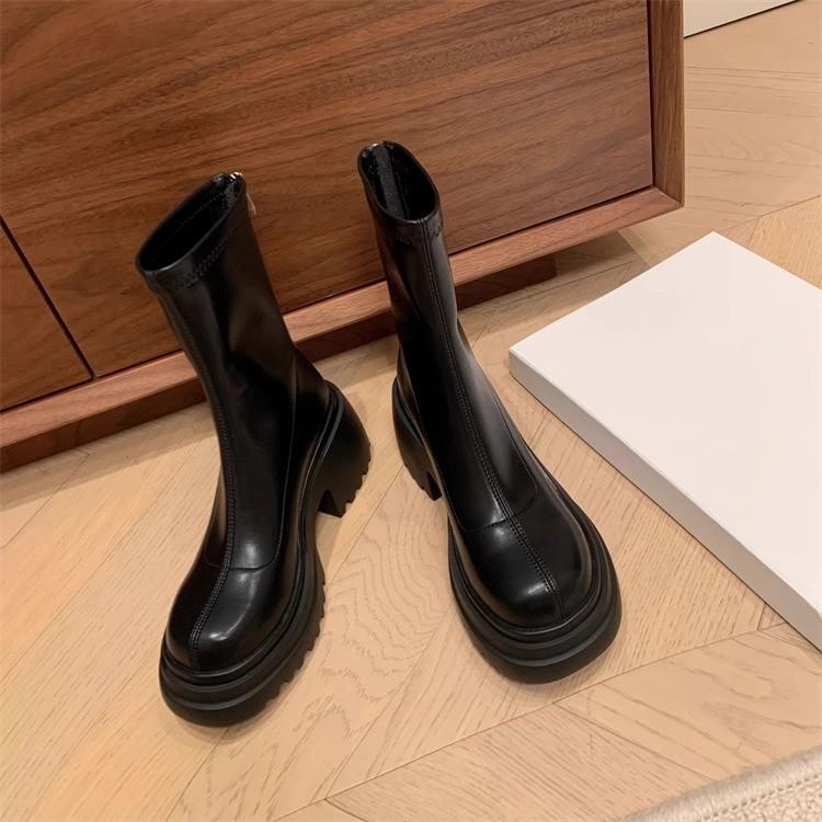 Thick Heel Platform Martin Boots Women's British Style New Autumn and Winter Elastic Small Brown Short Boots