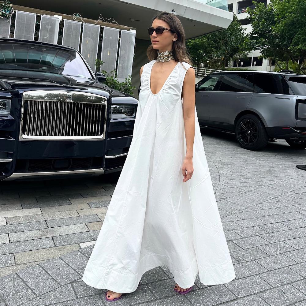 Women's U Neck Sleeveless Maxi Dress Loose Wide Waist Casual Solid Viscose Linen Blend A Line Vacation Dress