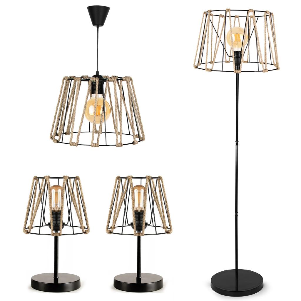 

Otantik Halatlı Siyah Metal Avize Lambader Abajur Set