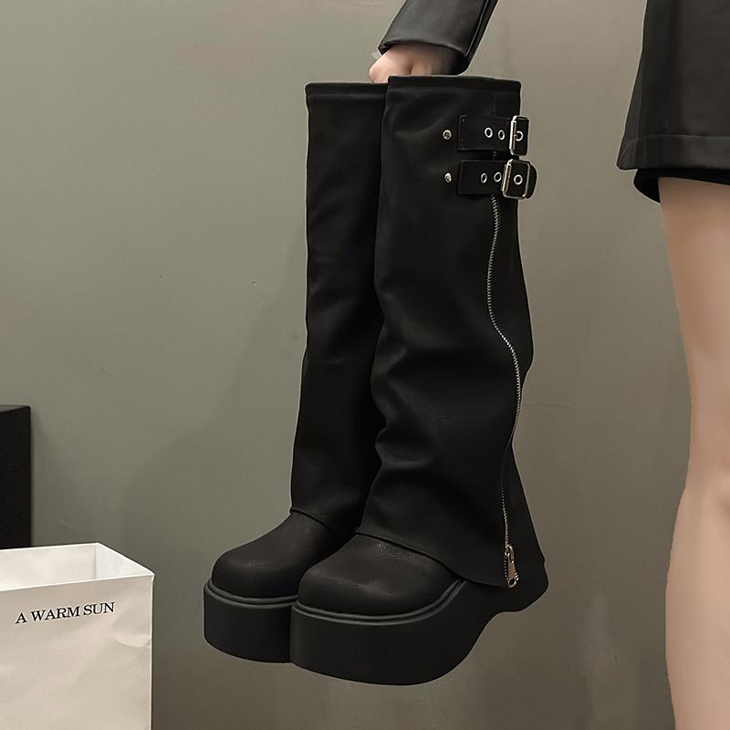 Punk Style Platform Thick Bottom Women Knight Boots Fashion Button Combination Splicing Height Increase Female Long Booties
