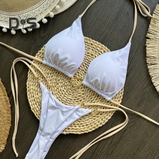 2Pcs/Set Women Bikini Set Heart Metal Buckle Halter Lace-up Swimsuit with Briefs Set Quick Drying Beachwear