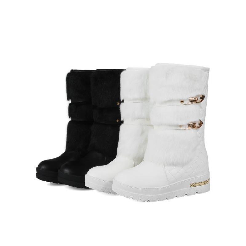Waterproof Winter Shoes Women Platform Snow Boots Warm Fur Plush Casual Wedge Mid-Calf Boots Girls Black White Shoes Ladies33-43