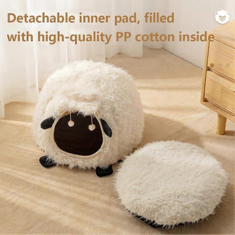 Cute Cat Bed Cave - Plush Sheep-Shaped Pet House for Indoor Dogs and Rabbits, Removable Cushion, Self-Warming, Small Nest with Hanging Toy