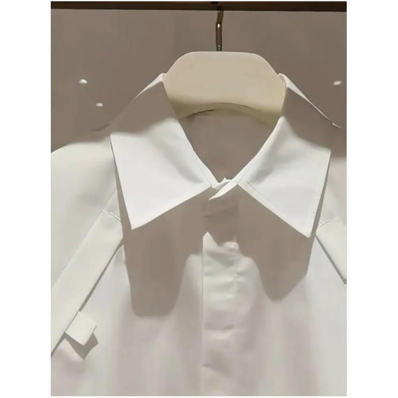 Women's Summer Short Lapel Half Sleeve Shirt Loose Embroidery White Casual Top