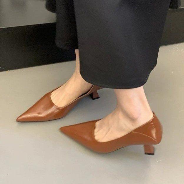2025 Spring New Pointed Head Thin Heel Medium Heel Single Shoes Women's Shoes Thin High Heels Celebrity Style Work Commute Shallow Mouth