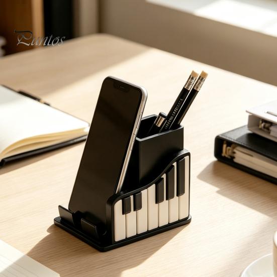 Schwarz-Weiß Schreibtischzubehör Klavierform Stifthalter, Kreativer Musik-Themen-Organizer, mit Handy-Büromaterialien Dekor Halter Design, Schreibwaren