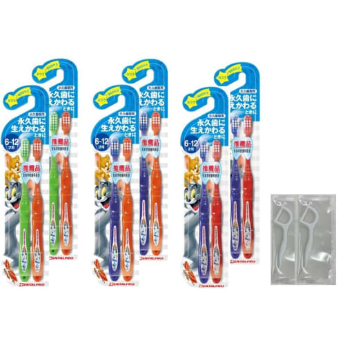 [.co.jp Exclusive] Dental Pro Tom & Jerry Toothbrushes for Ages 6-12 (Permanent Teething) - Set of 6 (2 Toothbrushes per Pack) with 2 Floss Picks
