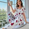 Women's Heart Print Silk Pajama Set - Short Sleeve Top & Long Pants