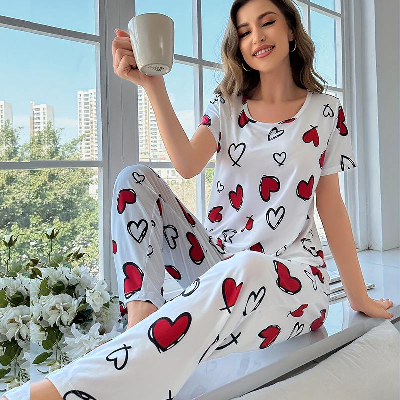 Women's Heart Print Silk Pajama Set - Short Sleeve Top & Long Pants