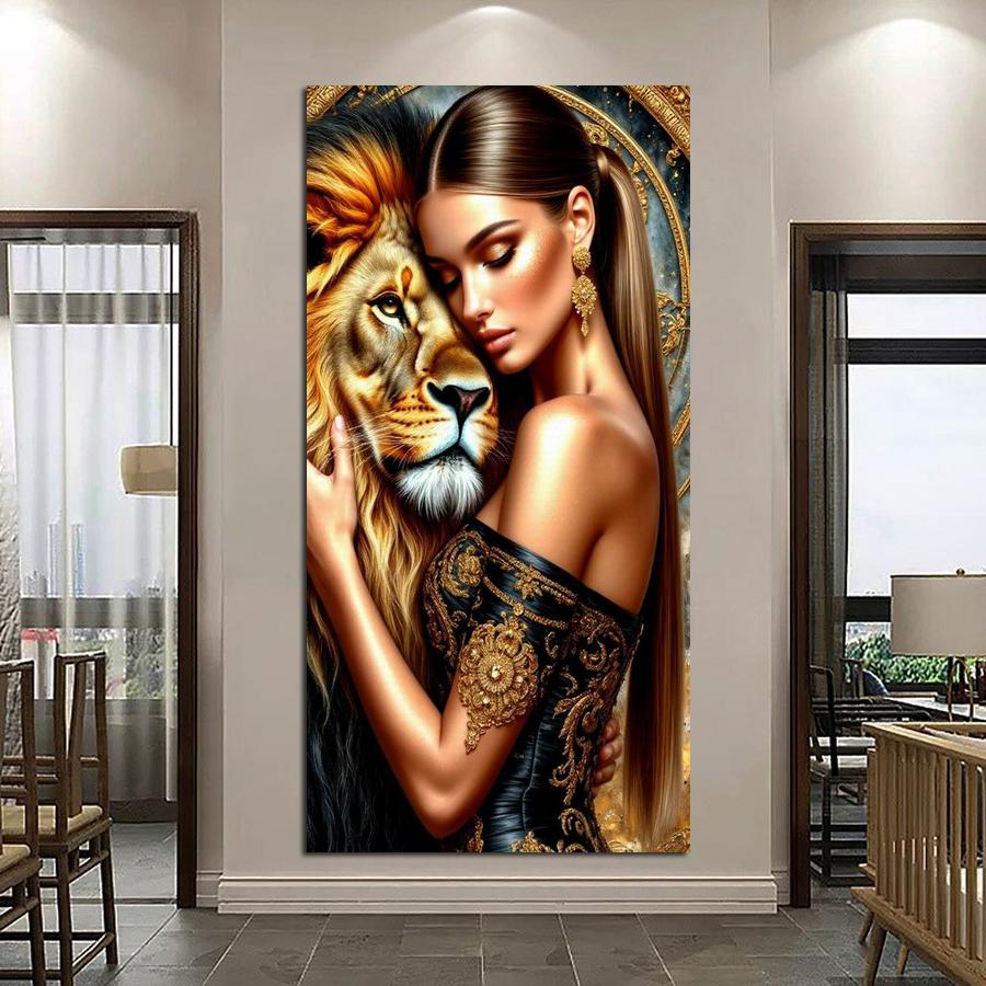 Large Size Diamond Painting Beautiful Woman and Lion Diy Full Square Round Drill Rhinestone Embroidery Animals Mosaic Cross Stitch Kits Wall Decor
