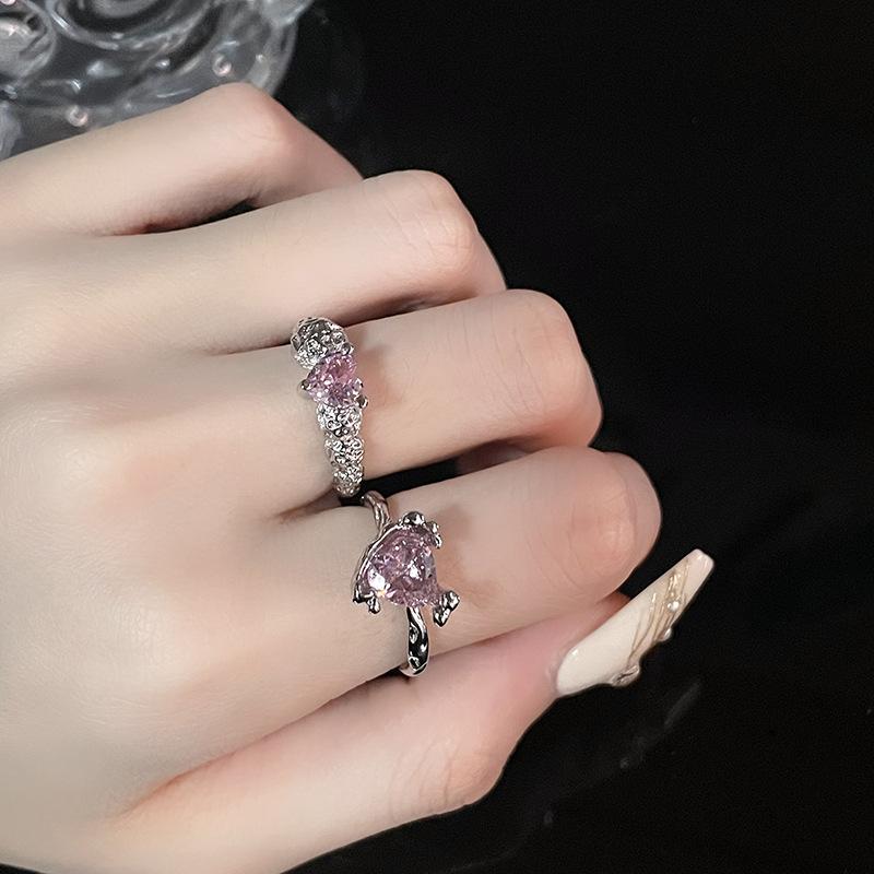 Pink Love Texture Open Ring Niche Design Zircon High Sense Cold Wind Irregular Folds Female