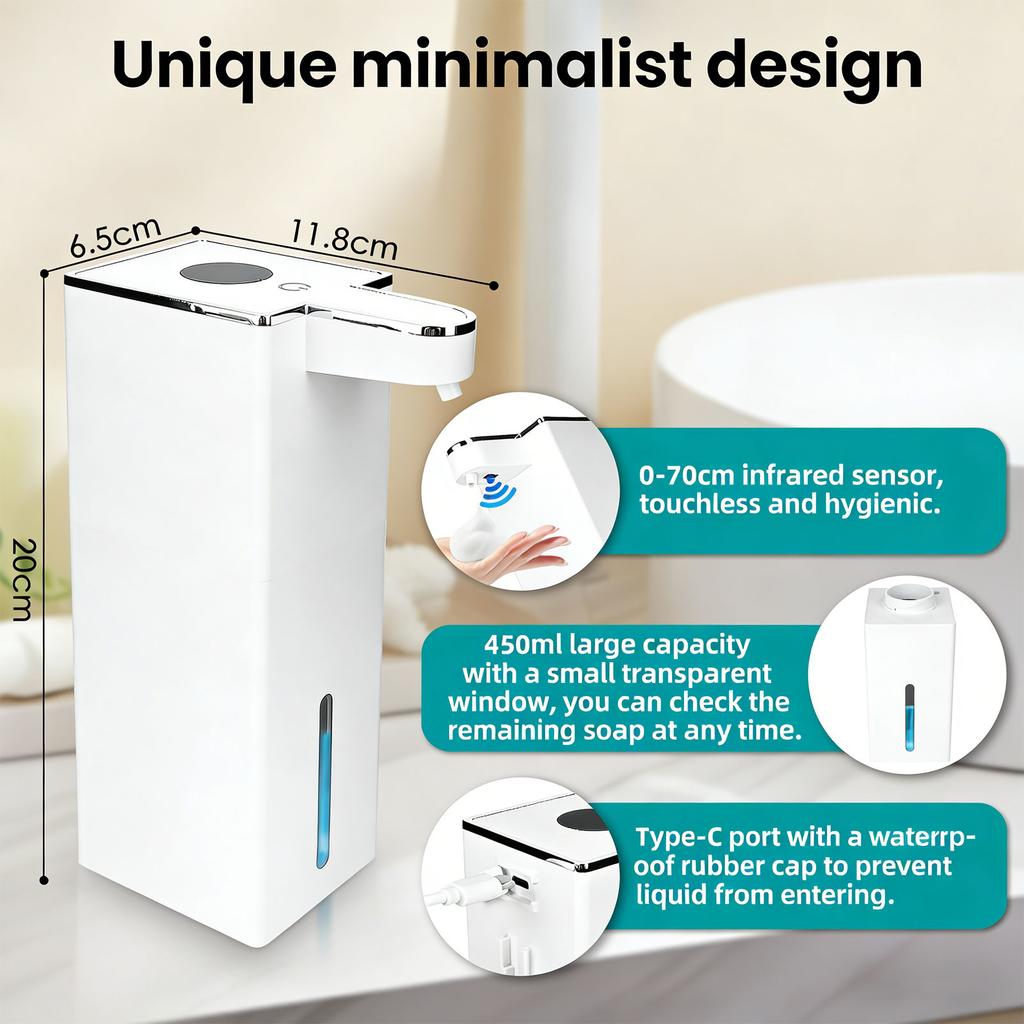 Distributeur Automatique de Savon Liquide Avec Cellule Rechargeable de 1800mAH Et Distance de Détection de 70mm Parfait Pour la Cuisine et la Salle de Bain
