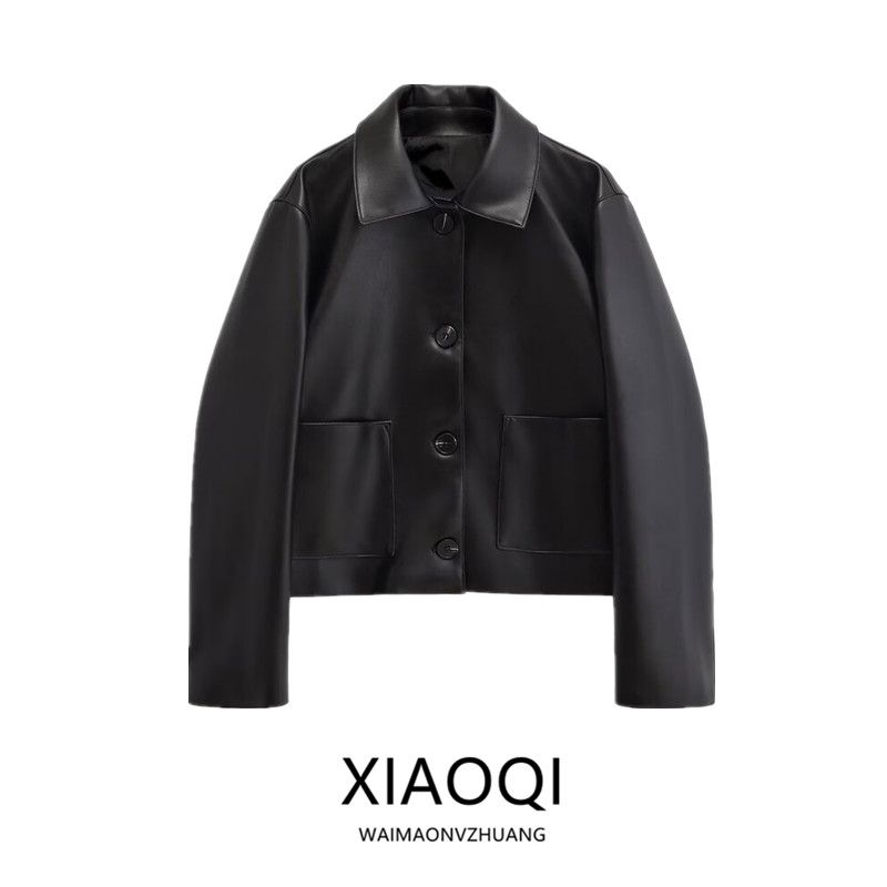 Fashion Style 2024 Autumn New Arrival Women's Elegant Black Leather Lapel Short Leather Jacket 04703813800