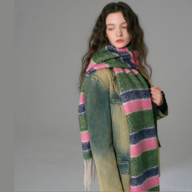 

Warm and Soft Stripe Fringe Scarf for Women, Perfect for Autumn Winter, as Oneself Friends Family Gifts, Rainbow-Stripe