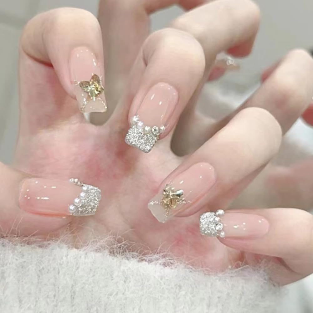 Secret Lives Glossy Reusable Artificial Translucent Nude Color with 3D Fly & 3D Pearls Design Press On Nails 24 Pieces Set with Kit