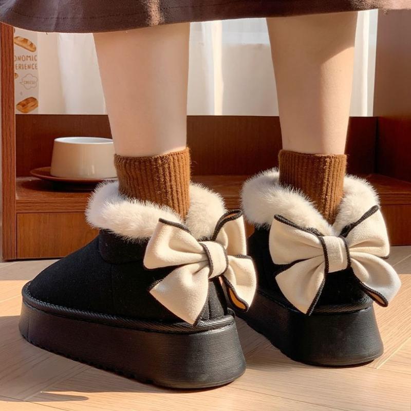 Bow Chunky Snow Boots for Women Plush Round Toe Woman Shoes Winter Kawaii Ankle 2025 Novelty Furry Trend Fashion Padded Footwear