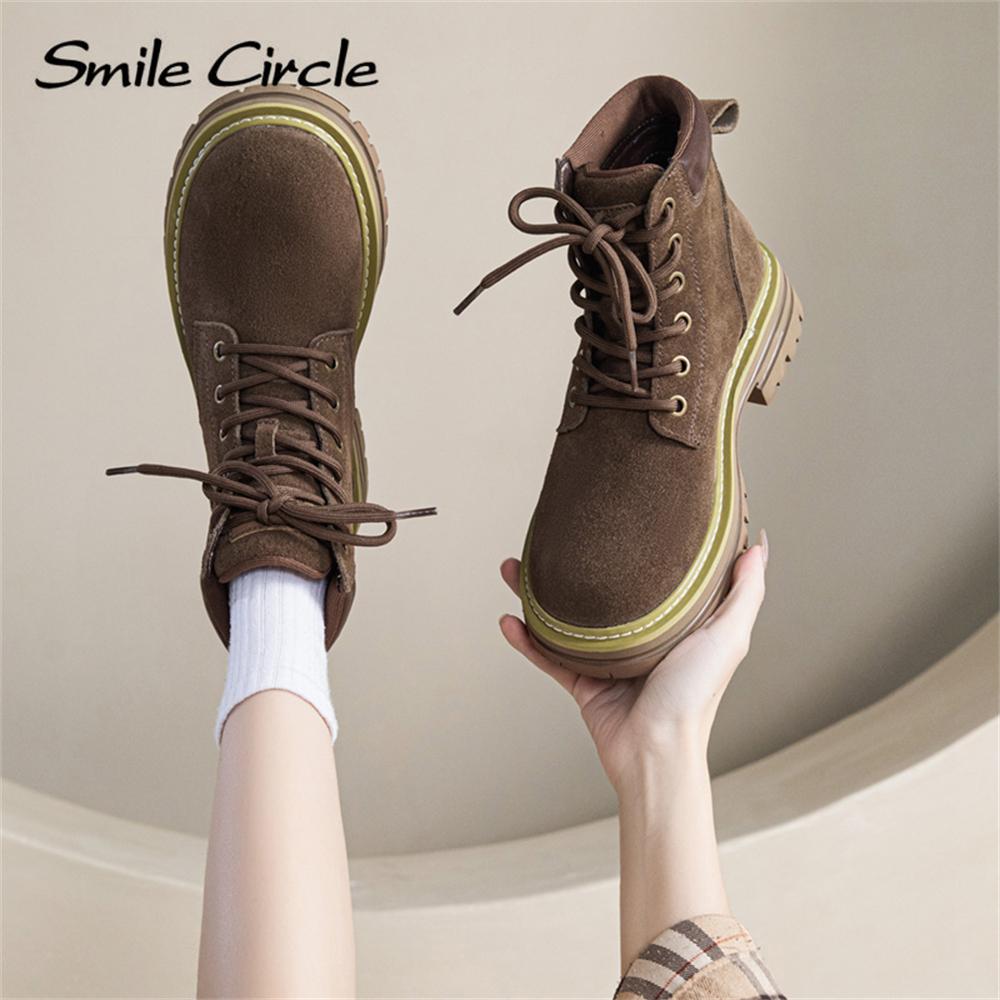 Natural Suede Women Boots Soft Sole Lace-up Thick Boots Fashion Casual Work Boots