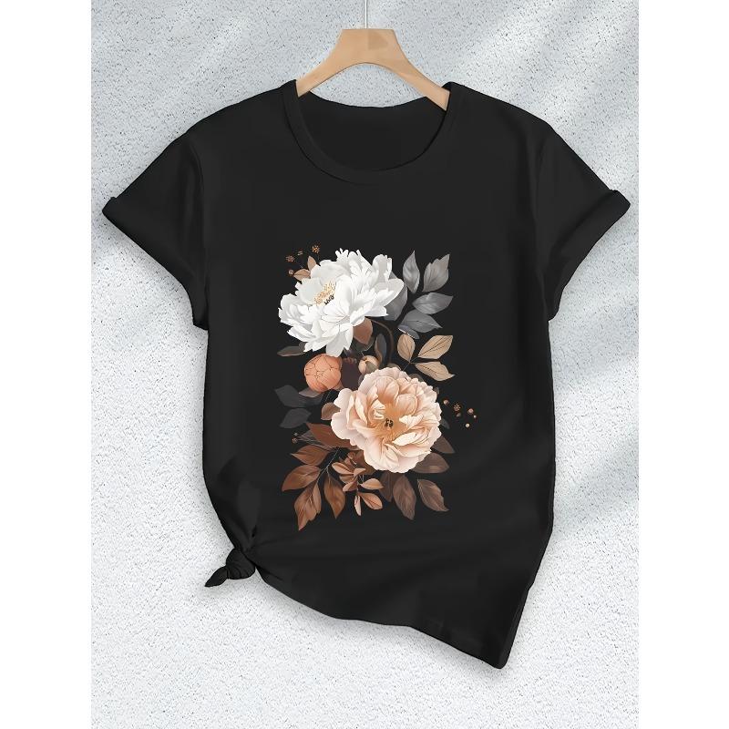 European Size Women'S Casual Summer Graphic Tee - Vibrant Floral Print Short Sleeve Crew Neck T-Shirt, Yellow with White & Pink Flowers,Casual Attire