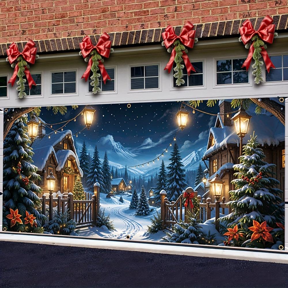 Christmas Garage Banner, Polyester Durable, Christmas Tree, Wooden House, String Light Pattern, Winter Celebration Party
