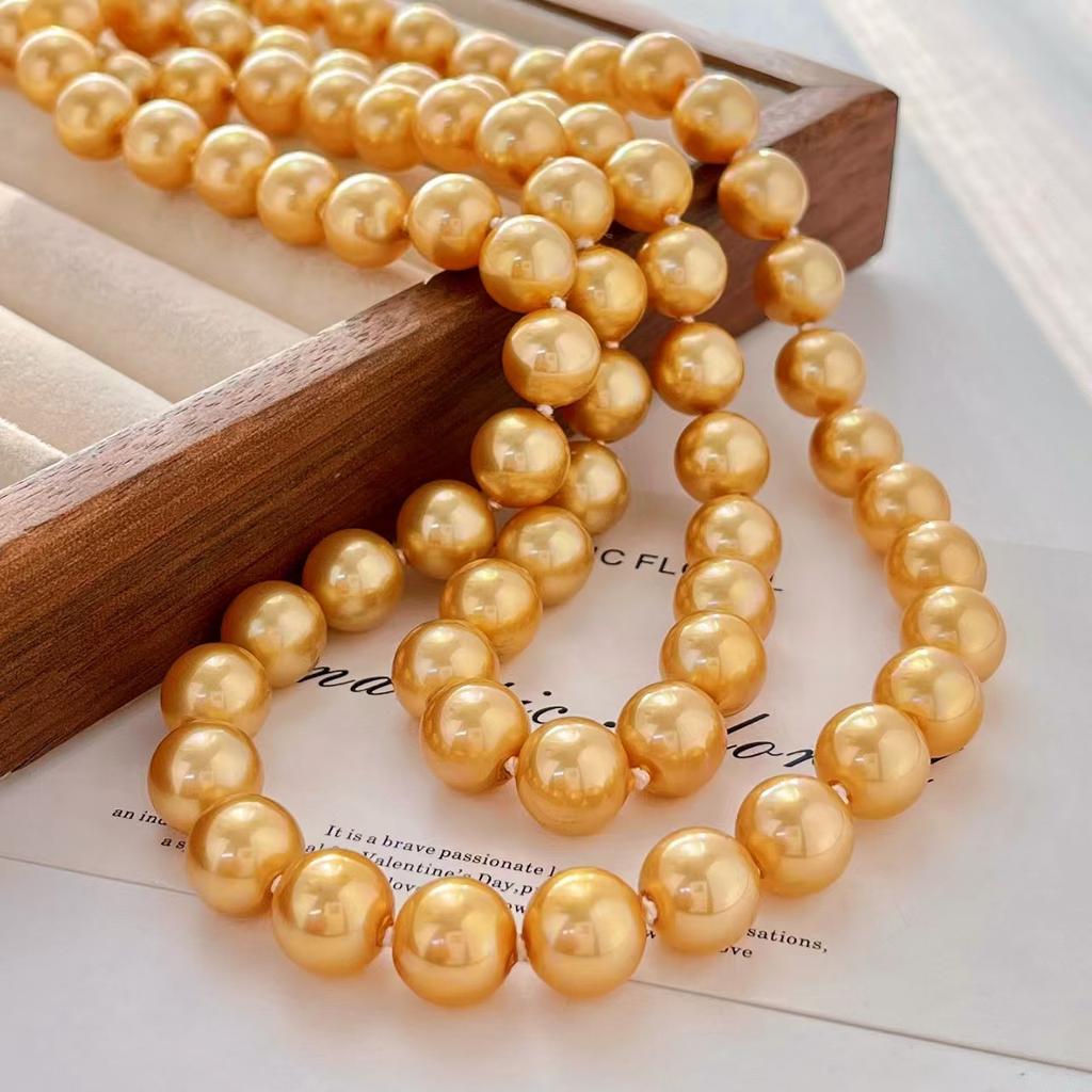 High Quality 10Mm Retro Premium Mermaid Ji Gold Artificial Crystal Pearl Necklace Clavicle Chain