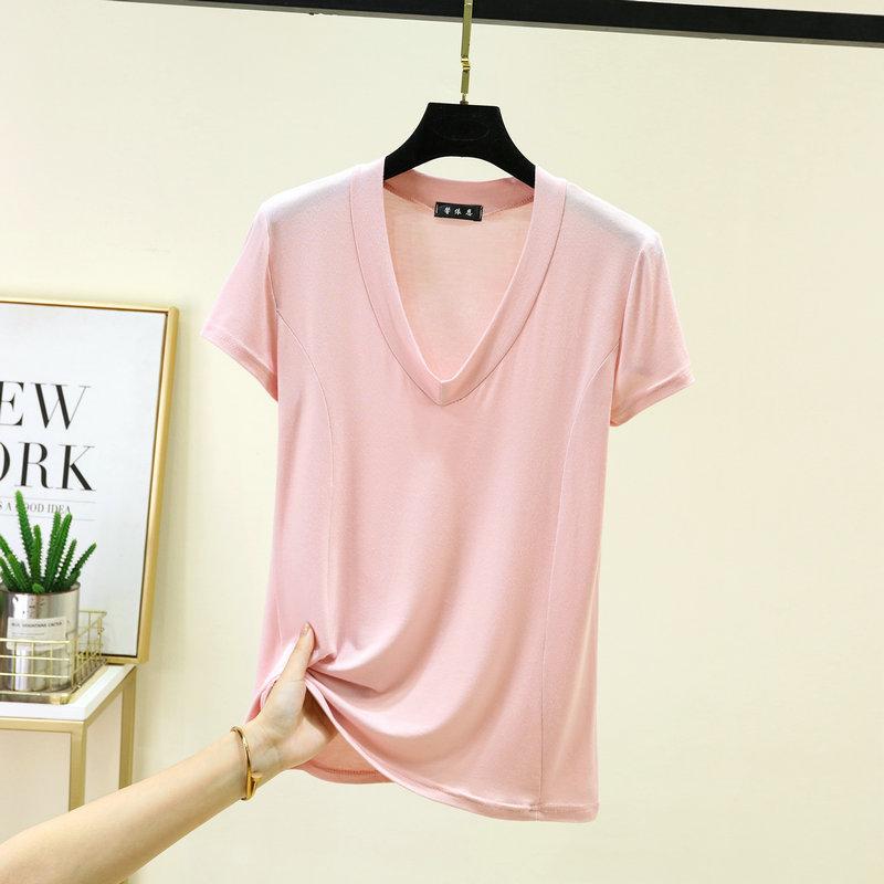 Plus size L to 6XL Modal V-Neck T-shirt Short sleeved Tees Women Ultra-thin Layering Top solid color base layer tops