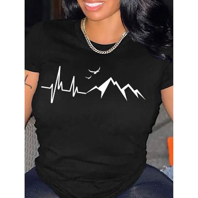 Summer Round Neck Mountain Pattern Printed Top Fashionable Casual Short Sleeved Women's Pure Cotton T-shirts