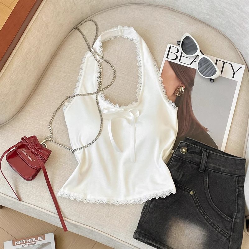 

White Lace Lace Halter Spaghetti Straps Vest Women s Spring and Summer New Arrival Padded Bras One Sleeveless Beautiful Back Tank-Top White S