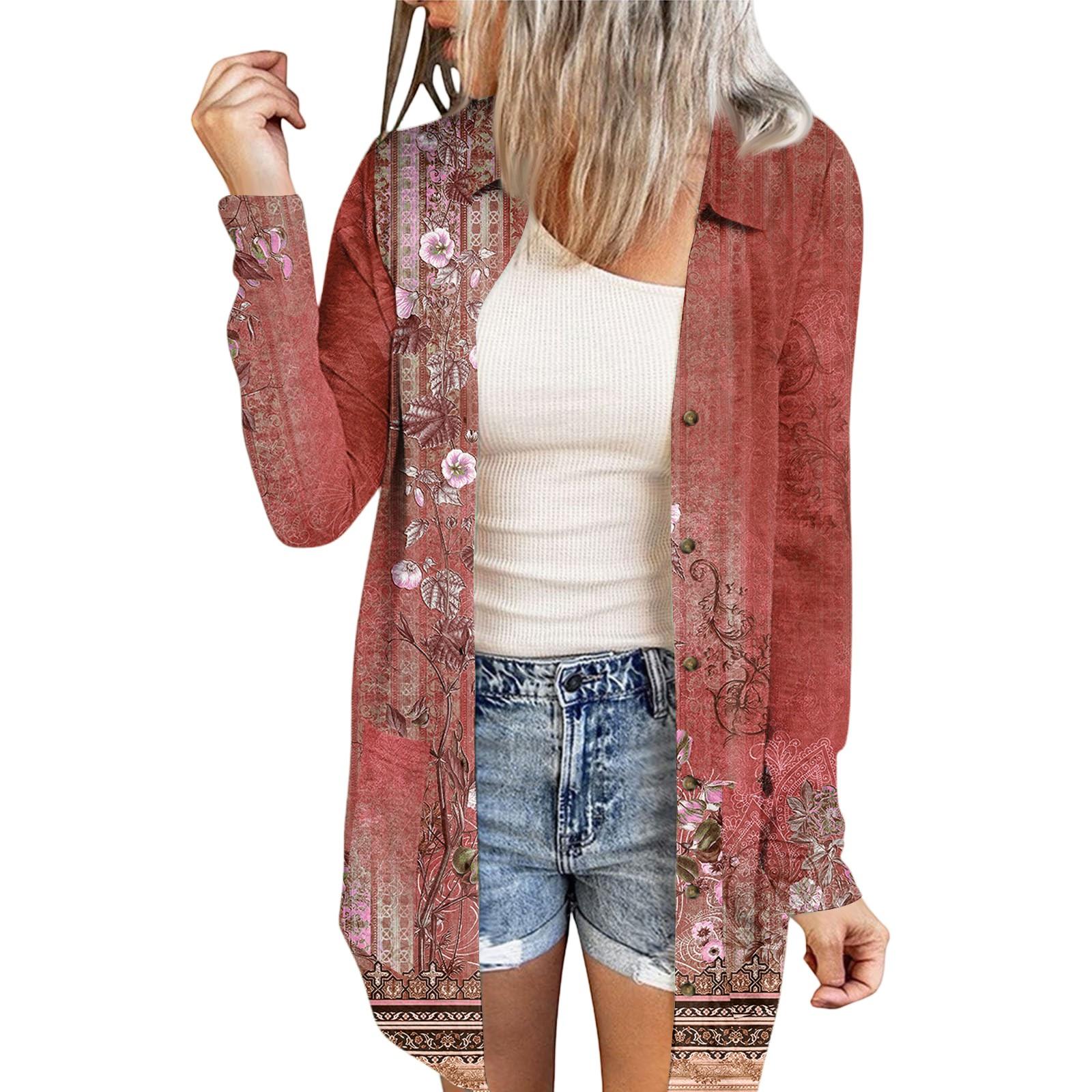 

Женский повседневный кардиган средней длины с длинным рукавом и цветочным принтом в стиле ретро XXL красный