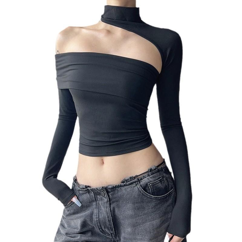 European and American Style Spice Girl Hanging Neck Asymmetrical Long-sleeved Off-the-shoulder Flanged Tube Top Fashion Street Personality Casual T-sh