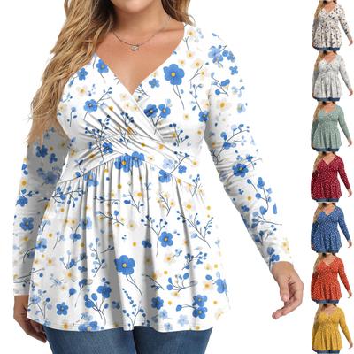 Women's Plus Size Shirt Long Sleeve  Print Top Pleated Casual V-Neck Top