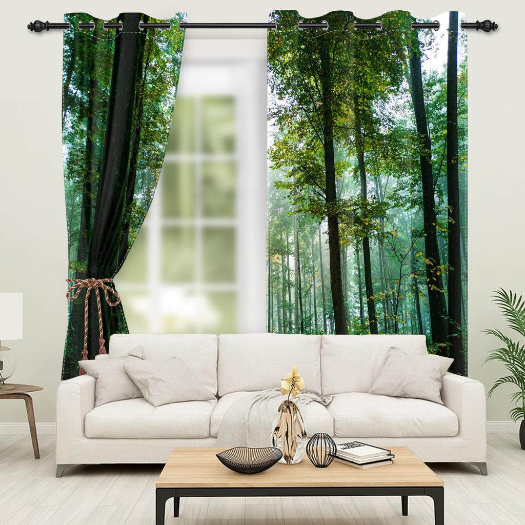 2pcs/set Blackout Curtains Sunny Forest Natural Green Space Landscape Polyester Window Bedroom Kitchen Home Interior Curtains