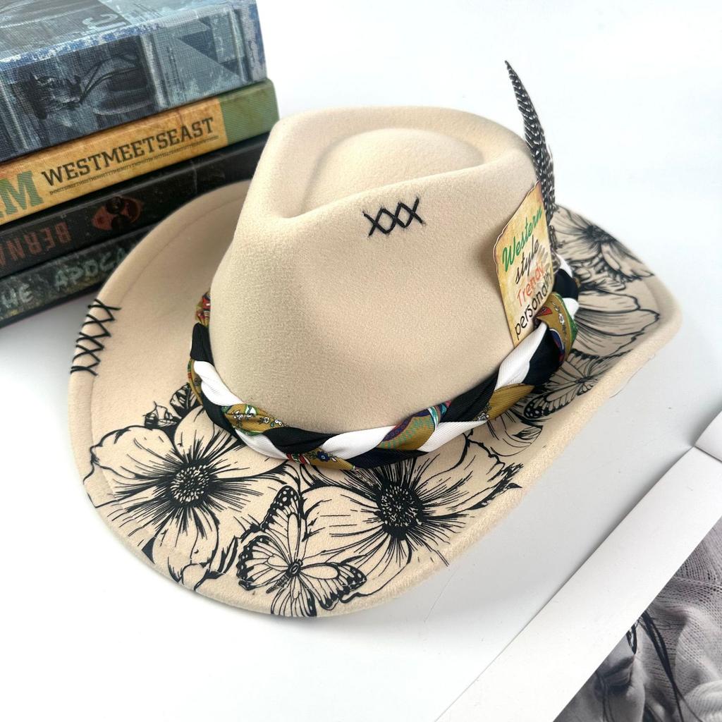 Original Design Jazzhut Zylinder Vier Jahreszeiten Filzhut Bedruckte Accessoires Feder Cowboyhut