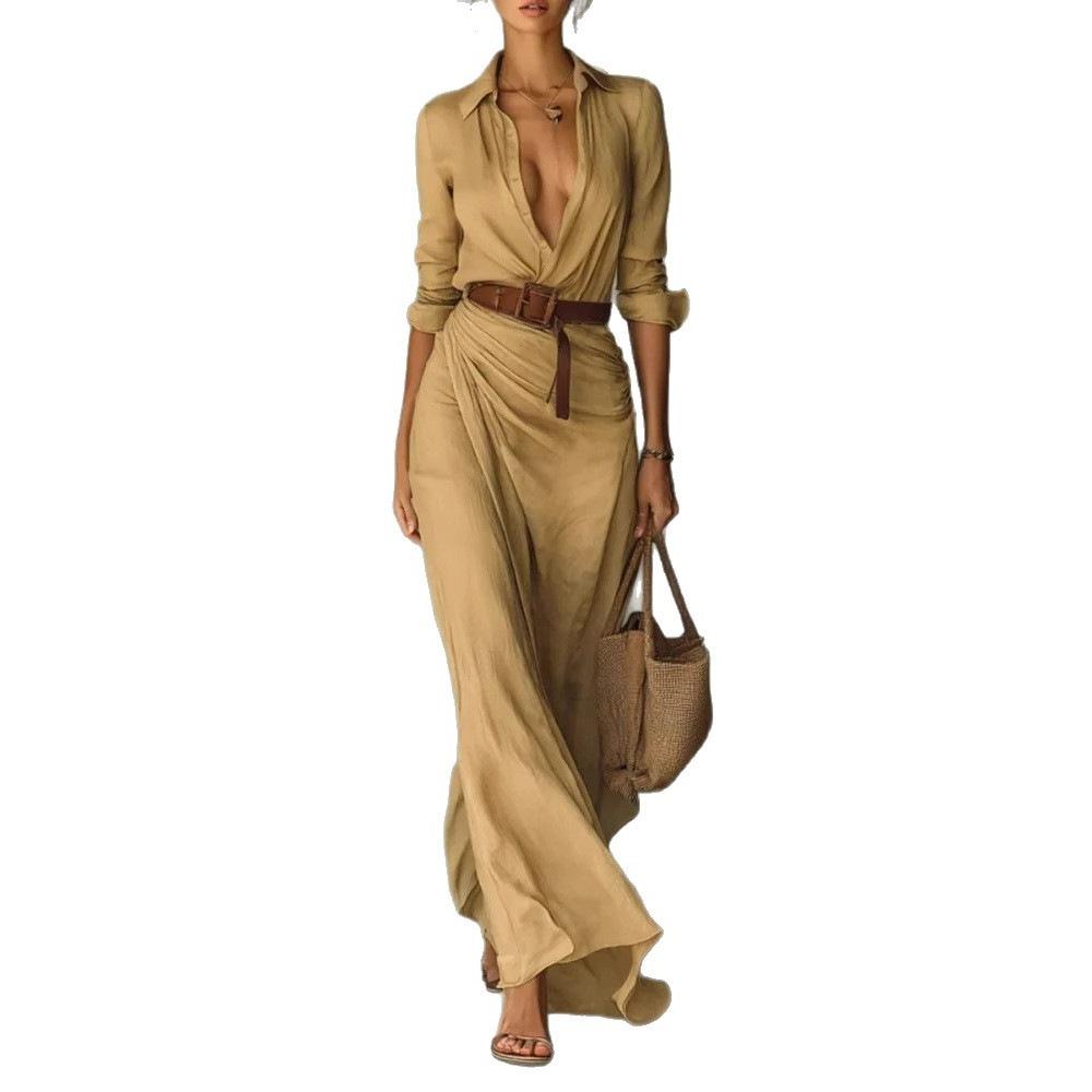 2025 Independent Station European and American Women's Clothing Autumn Elegant Temperament Sexy Solid Color Irregular Folds Belt Dress