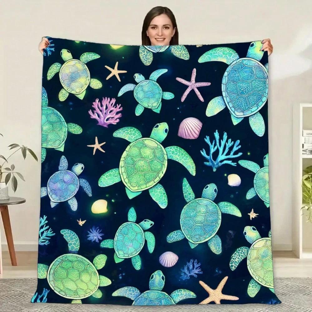 All Seasons Soft Cozy Warm Throw Blanket With Sea Turtle Print, Multipurpose Portable Blanket For Sofa, Bed, Office And Travelli