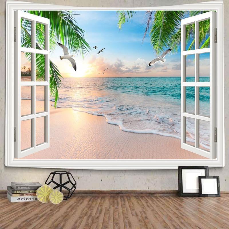 Xiaoput Nature Landscape Tapestry, Cozy Outside of Window Tropical Palm Tree Beach Sea Mew Sunset Scenery Tapestry Wall Hanging, 100X70CM