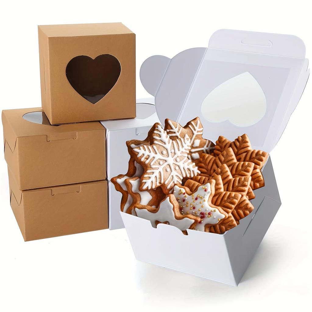 20 ks bílá a hnědá krabička s okénkem srdce 10 * 10 * 6,5 cm / 3,93 * 3,93 * 2,55 palce Dárková krabička pro narozeninovou svatební párty Vánoce