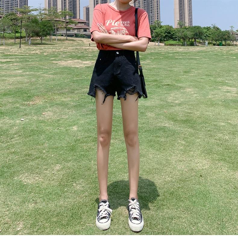 Classic and Minimalist Fashion Versatile Black Broken Holes Women's Summer High-waisted Outside Wear Thin A-line Wide-legged Ragged Denim Shorts