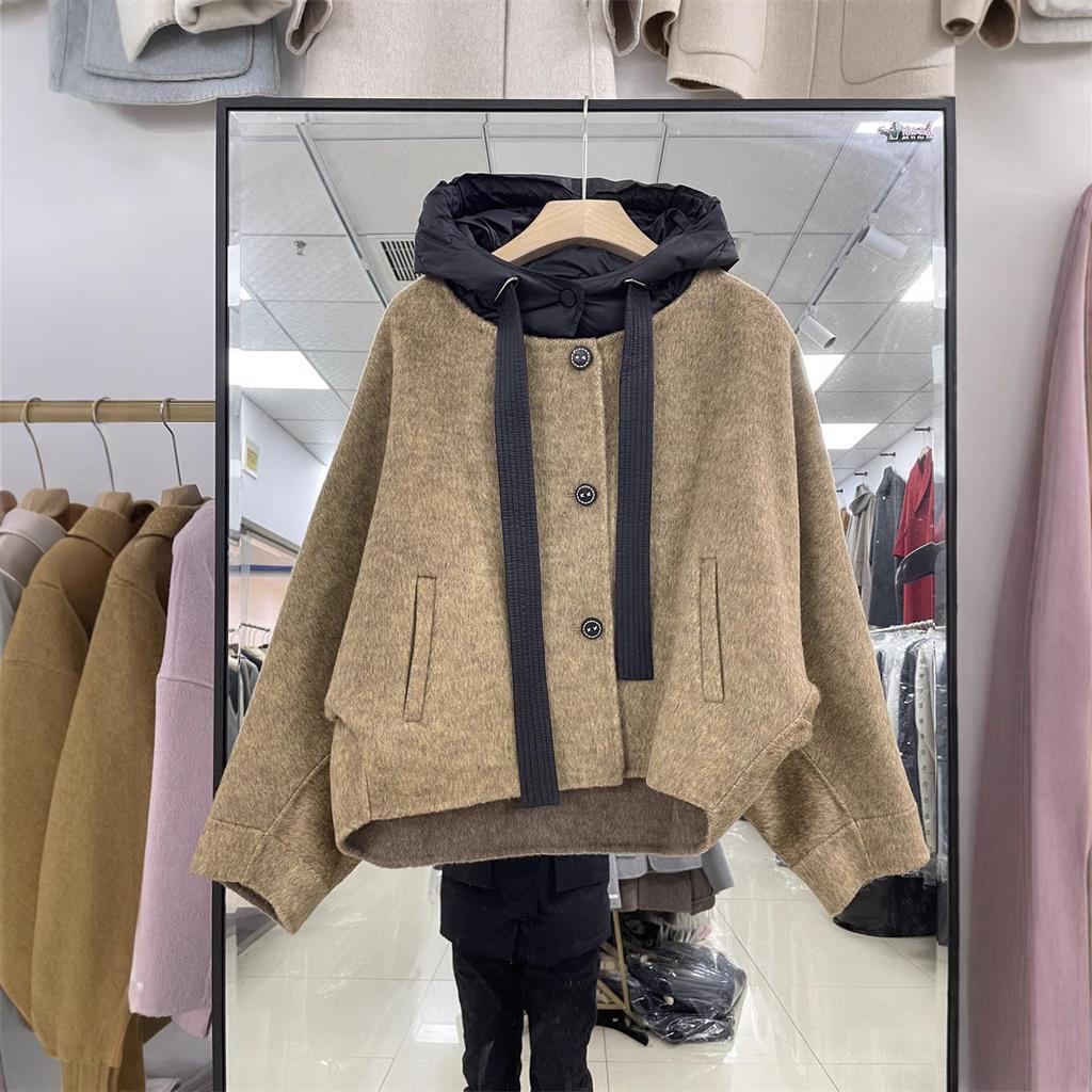 Весняно-осіння нова вовняна куртка Двостороння вовняна куртка З капюшоном Рукав "летюча миша" Коротка куртка з капюшоном Жіноча