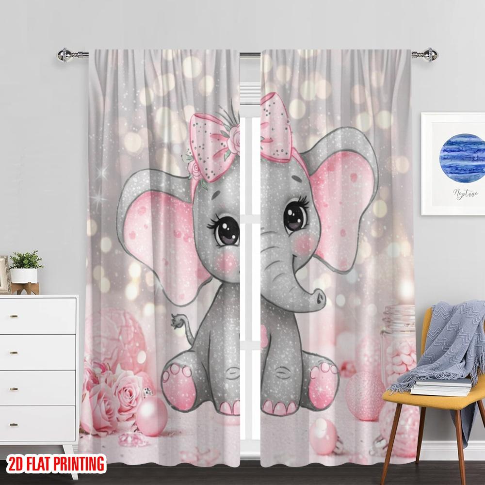 Set Of 2 Flat Printing Window Treatment Curtains Cute Little Elephant Polyester Without Electricity Wall Decor Curtain Machine Washable